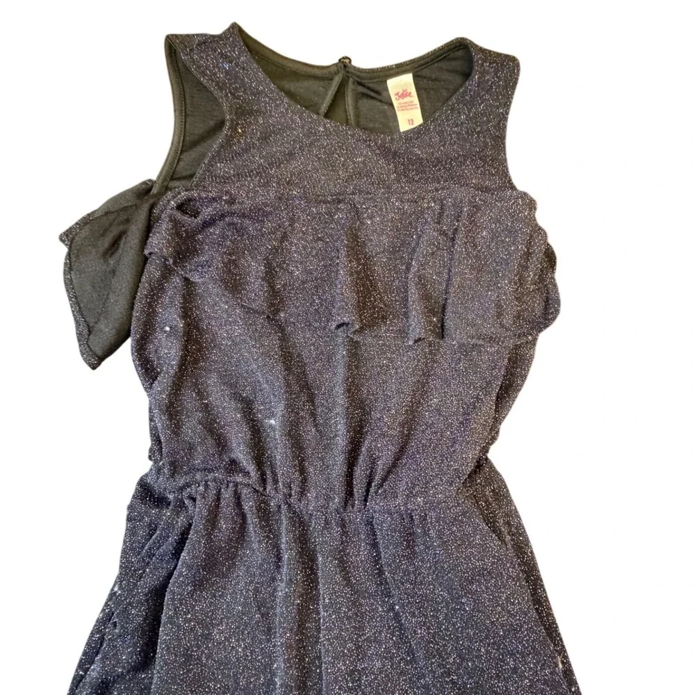 Justice Girls Blue Glitter Cold Shoulder Ruffle Jumpsuit Size 12 Sparkly J10